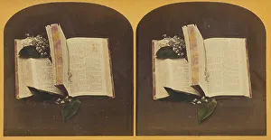 Stereoscopics Prints: Book opened at two spots, one with book mark string