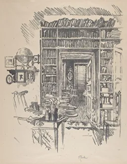 Bookshelves Prints: Book-Room at Dr. Wister s, 1912. Creator: Joseph Pennell