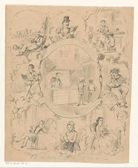 Bookseller Prints: Book stall on a market surrounded by eight scenes with reading figures