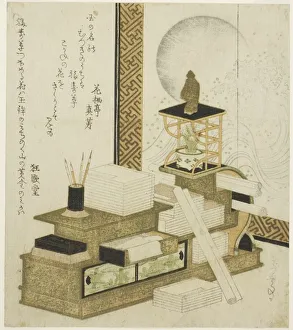 Nanzan Prints: Bookcase with Writing Utensils, Books, and Potted Adonis, c. 1820s / 30s. Creator: Gakutei