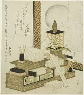 Brush Collection: Bookcase with Writing Utensils, Books, and Potted Adonis, c. 1820s / 30s. Creator: Gakutei