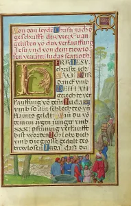 Simon Benig Prints: Border with Joseph Being Sold by His Brothers, about 1525-1530. Creator: Simon Bening