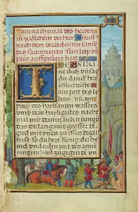 Simon Benig Prints: Border with the Meeting of Abraham and Melchizedek, about 1525-1530. Creator: Simon Bening