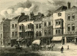 The Borough, High Street, in 1825, (c1878). Creator: Unknown The Borough, High Street, in 1825, (c1878). Creator: Unknown
