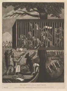Resistance Gallery: The Bostonians in Distress, November 19, 1774. Creator: Attributed to Philip Dawe