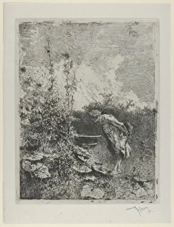 Japan Paper Prints: The botanist: a man in a garden examining its contents