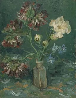 Bottle with Peonies and Blue Delphiniums