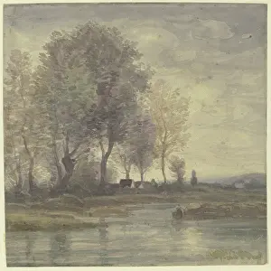 Boundary with farmhouses under tall trees, mid-late 19th century. Creator: Karl Peter Burnitz