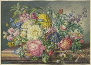 Roses Prints: Bouquet in a basket, with a snail and a butterfly. Creator: Oswald Wijnen