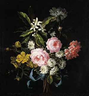 Vase Collection: Bouquet of Chamomile, Roses, Orange Blossom and Carnations Tied with a Blue Ribbon