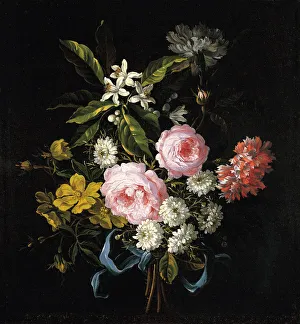 Tulips Prints: Bouquet of Chamomile, Roses, Orange Blossom and Carnations Tied with a Blue Ribbon