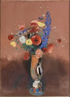 Pastel On Cardboard Collection: Bouquet de fleurs des champs dans un vase a long col (Wildflowers in Tall Vase), c