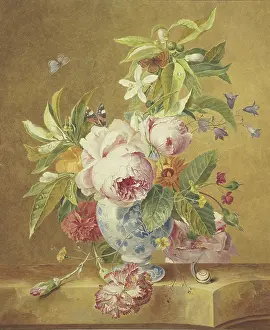 Roses Prints: A bouquet of flowers in a blue vase with three butterflies
