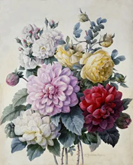 Thorns Prints: Bouquet of Flowers, Dahlias and Roses, c. 1830-1840