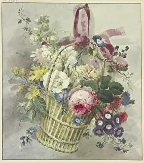Handmade Paper Prints: Bouquet in a hanging basket, 18th century. Creator: J. H. van Loon