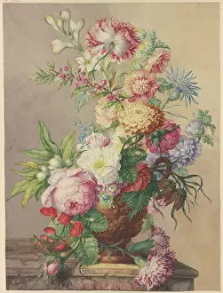 Roses Prints: Bouquet in a vase on a marble table. Creator: Oswald Wijnen