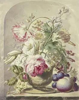 Handmade Paper Prints: Bouquet in a vase, a peach and some grapes in the front right