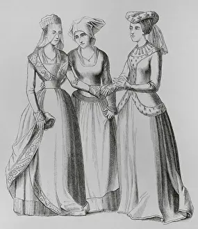 Bourgeoisie Prints: A bourgeoise, a peasant and a noblewoman, 14th century, (1878). Creator: Unknown