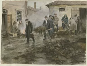 Petrograd Gallery: Bourgeoisie cleaning the stables (from the series of watercolors Russian revolution), 1920