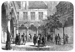 Stocks And Shares Prints: The Bourse at Antwerp, recently destroyed by fire, 1858. Creator: Smyth