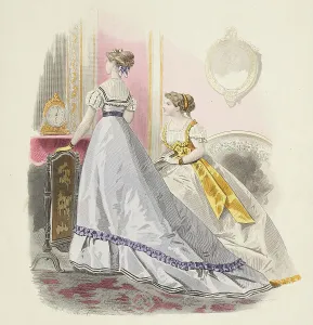 Evening Dresses Prints: Bow-Bells, Paris Fashions, 1867. Creator: Unknown