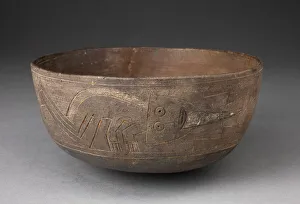 Bowl Depicting Incised and Painted Abstract Crouching Figure, 650/150 B.C Bowl Depicting Incised and Painted Abstract Crouching Figure, 650/150 B.C