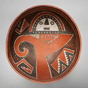 Ceramic And Pigment Collection: Bowl Depicting a Mask atop a Bighorn-Sheep Head, 1300 / 1400. Creator: Unknown
