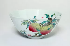 Branch Gallery: Bowl with Fruiting Peaches, Tree Peony, Flowering Plum and Bats, Qing dynasty