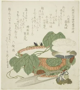 Scissors Prints: Bowl, scissors, and morning glories, c. 1820. Creator: Gakutei