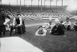 Boxing Prints: Boxer Joe Welling, amid Cleveland baseball players in stadium