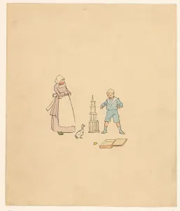 Boy and all over a block tower, c.1880-c.1910. Creator: Anon