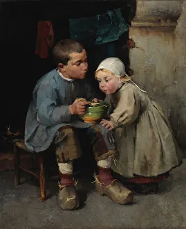 Reliance Prints: A Boy Feeding his Little Sister, 1881. Creator: Helene Schjerfbeck