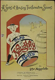 Trick Prints: Boy holding a large barrel - book cover, 1900. Creator: Lothar Meggendorfer