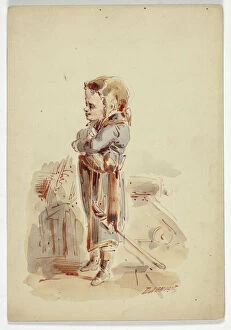 Pen And Ink Drawing Collection: Boy Posing as Admiral on Ship, n.d. Creator: Dupenvant