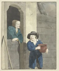 W Barthautz Prints: Boy with a pot with a woman leaning on a lower door, 1700-1800. Creator: W. Barthautz