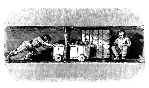 Hardship Prints: Boy pushing a truck loaded with coal from the coal face to the bottom of the pit shaft