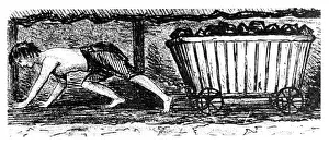 Boy putter drawing a truck containing coal along a 24 inch high seam, Halifax, Yorkshire, 1848