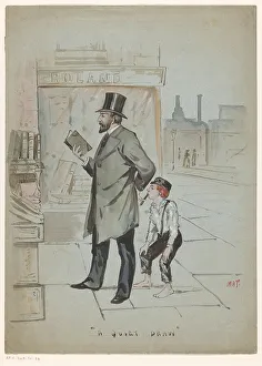 Boy secretly takes a puff of a cigar held by a man looking at books, c.1900-c.1950. Creator: Mat
