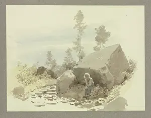 Boy sitting by a rock, c1849. Creator: Carl Theodor Reiffenstein