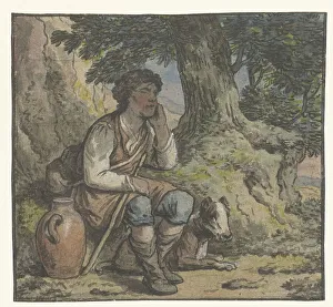 Sleepy Prints: Boy under a tree with a dog and a jug, 1756-1813. Creator: Anthony Andriessen