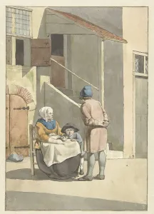 W Barthautz Prints: Boy and woman with child outside a house, 1700-1800. Creator: W. Barthautz