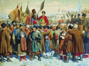 Boyar Vasili Buturlins speech at the Rada of Pereyaslav, 1880. Artist: Kivshenko, Alexei Danilovich (1851-1895) Boyar Vasili Buturlins speech at the Rada of Pereyaslav, 1880. Artist: Kivshenko, Alexei Danilovich (1851-1895)