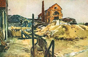 Shelling Prints: Boyau conduisant a des Batiments d'Usine, 1915. Creator: Francois Flameng