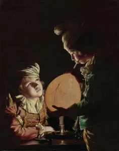 Blowing Prints: Two Boys with a Bladder, 1767. Creator: Joseph Wright of Derby