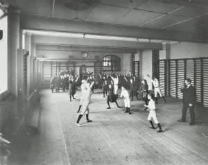 Gymnasium Prints: Boys and girls playing netball, Cable Street School, Stepney, London, 1908