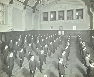 Council Prints: Boys lined up in the assembly hall, Beaufoy Institute, London, 1911