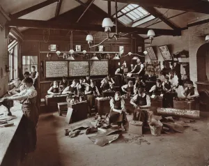 Council Prints: Boys making shoes at the Anerley Residential School for Elder Deaf Boys, Penge, 1908