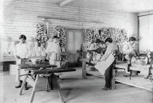 Metalworkers Prints: Five boys making tin utensils, Carlisle Indian School