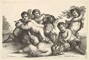 Avont Gallery: Four boys, two satyrs and a goat, 1654. Creator: Wenceslaus Hollar