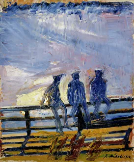 Juho Makela Prints: Boys on the Shore Railings, 1910. Creator: Juho Makela